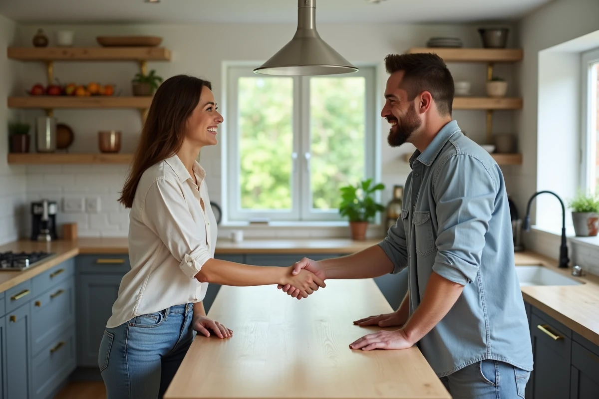 Femme souriante et expert immobilier se serrant la main dans une cuisine moderne