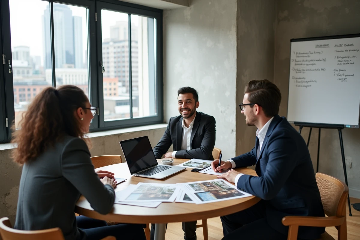 Professionnels de l'immobilier en réunion autour d'un ordinateur portable dans un espace de coworking
