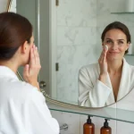 Femme appliquant une crème hydratante devant un miroir dans une salle de bain minimaliste moderne