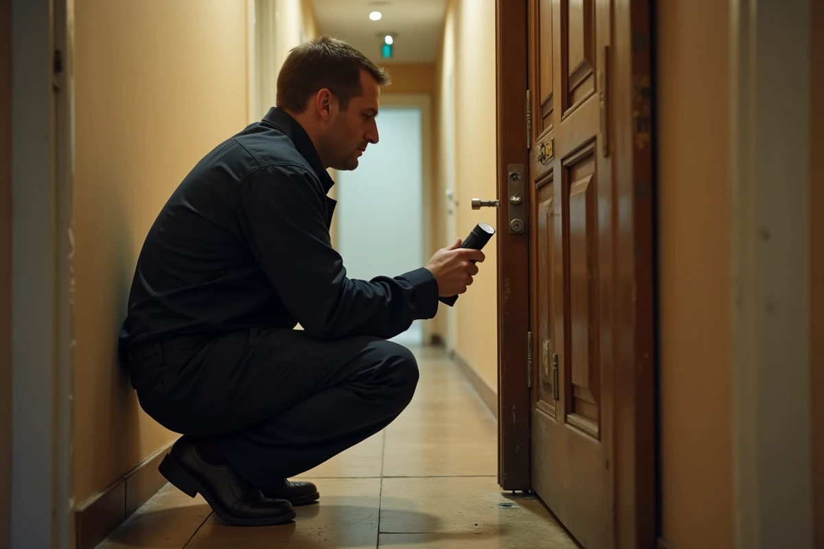 Serrurier professionnel inspectant une serrure endommagée au rez-de-chaussée d'un immeuble d'appartements, illustrant les risques de cambriolage aux étages inférieurs