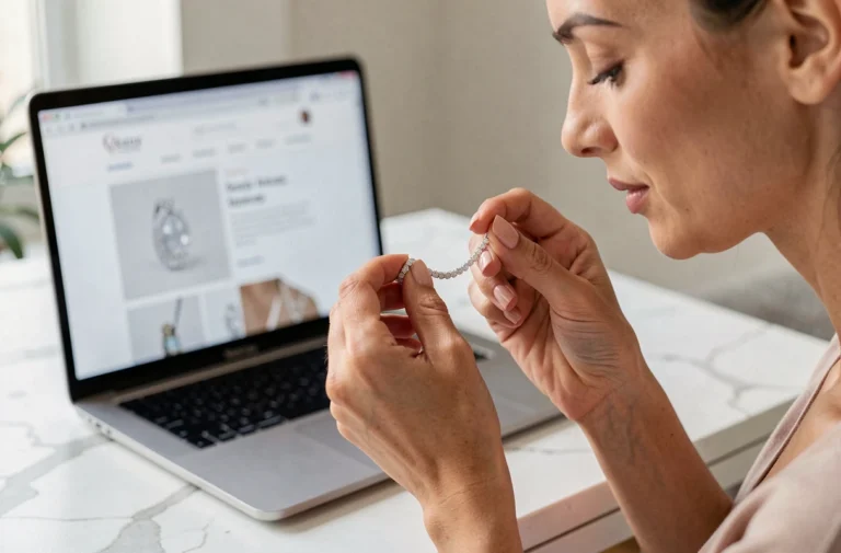 Femme élégante examinant un collier en diamants de luxe lors d'un shopping de bijoux en ligne