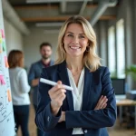 Femme professionnelle expliquant une stratégie marketing sur un tableau blanc dans un bureau moderne