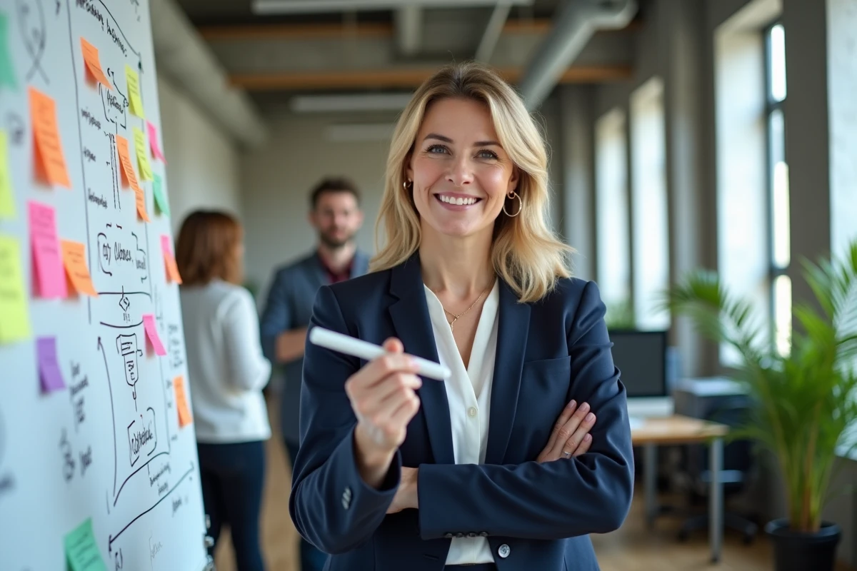 Femme professionnelle expliquant une stratégie marketing sur un tableau blanc dans un bureau moderne