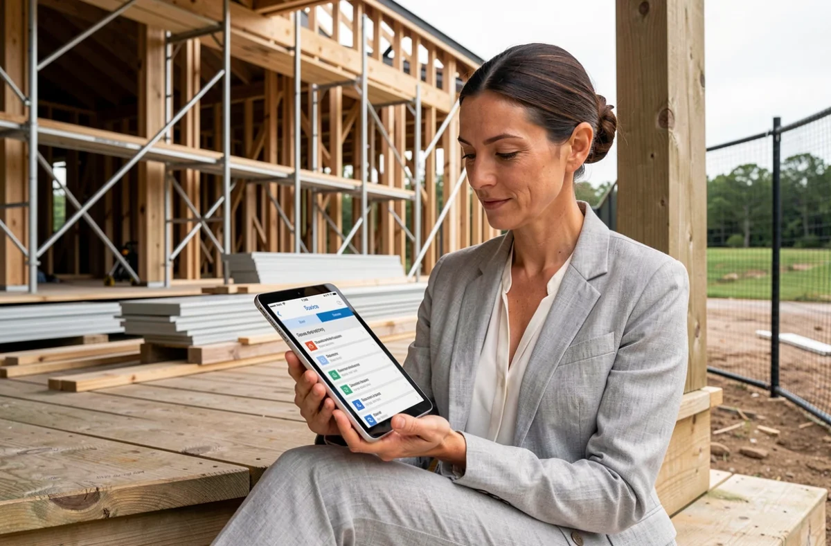 Femme supervisant un chantier de rénovation maison avec une liste de sécurité sur tablette