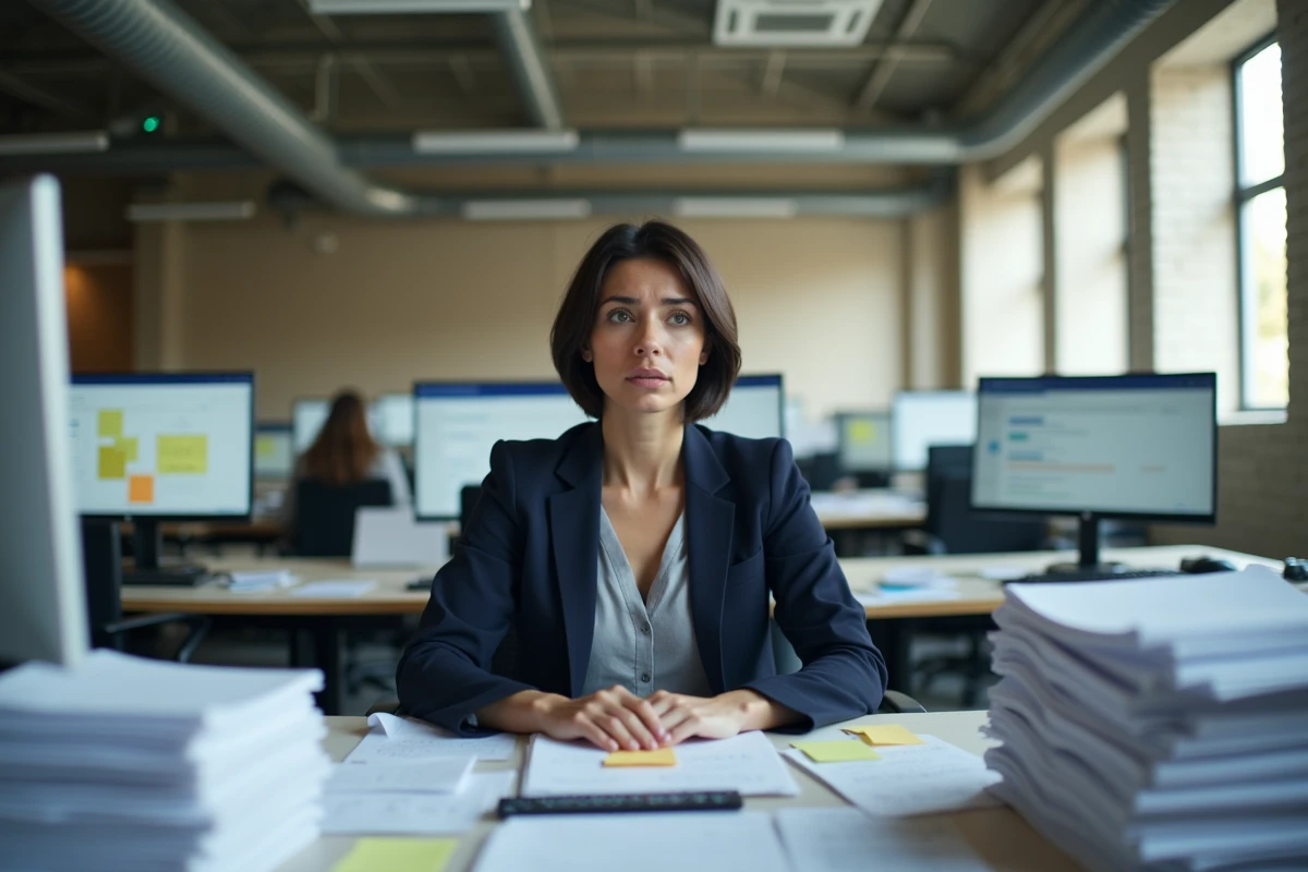 Cadre intermédiaire surchargée de travail seule à son bureau dans un open space, symbole des dysfonctionnements de la centralisation en entreprise