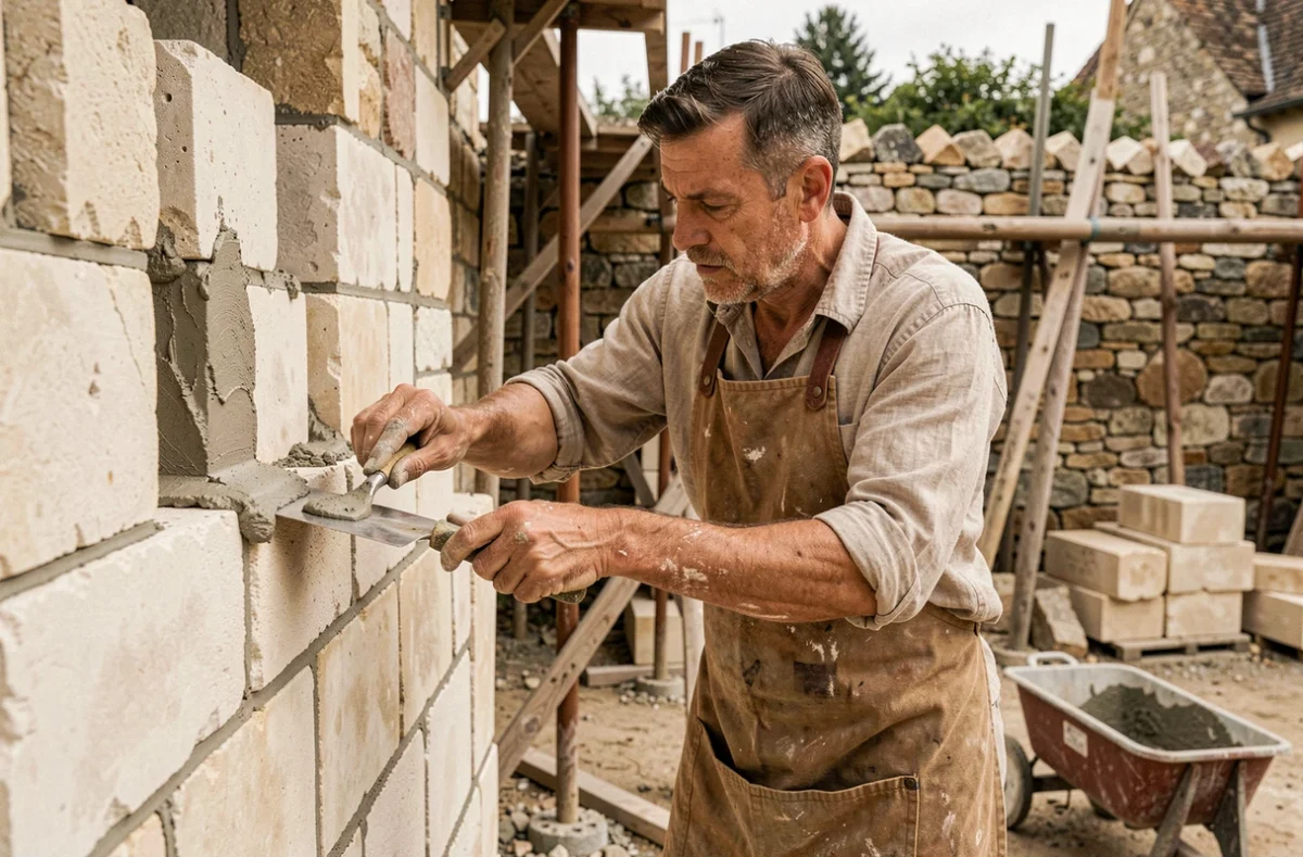 Tailleur de pierre posant des blocs de calcaire sur un chantier de construction d'une maison française typique des années 1920
