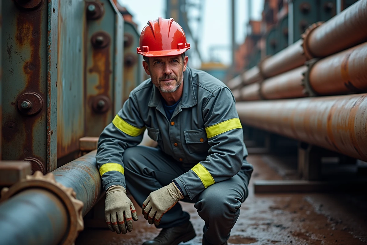 Technicien de forage inspectant un équipement de perçage sur le plancher de forage d'une plateforme pétrolière offshore