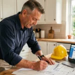 Propriétaire vérifiant un contrat de projet maison avec des plans de rénovation sur une table de cuisine