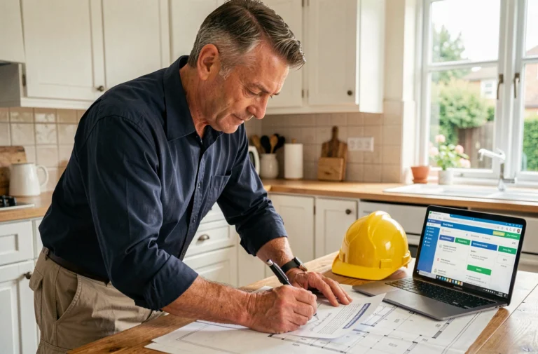 Propriétaire vérifiant un contrat de projet maison avec des plans de rénovation sur une table de cuisine