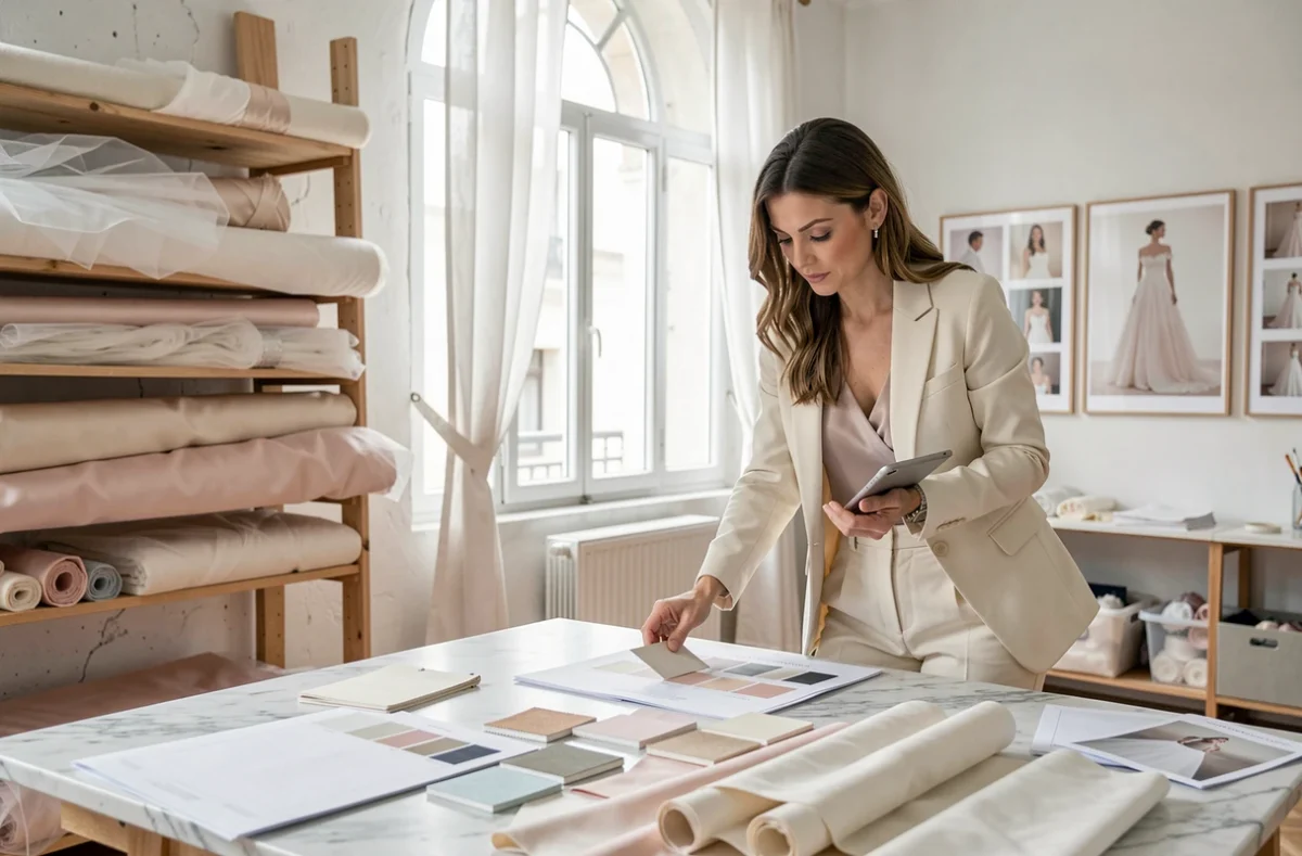 Wedding planner professionnelle consultant des échantillons de tissus et moodboards dans un atelier parisien élégant, conseils mariage tendances 2024